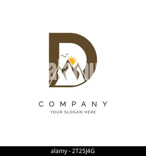 letter D with mountain logo inspiration, alphabet D with mountains, peaks, sun and birds concept design logo vector line pattern Stock Vector