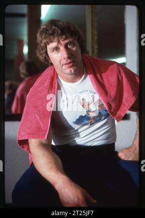 Four time olympic gold medalist Al Oerter cools off after a weight lifting workout at a gym in Long Island. He won his medals in the discuss throwing events and is one of the greatest Olympians in American history, Stock Photo