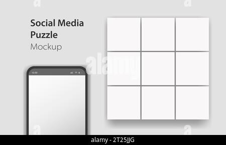 Phone with blank social network puzzle mock up for presentations tape profile. Social media smartphone app page template. Vector Illustration. Stock Vector