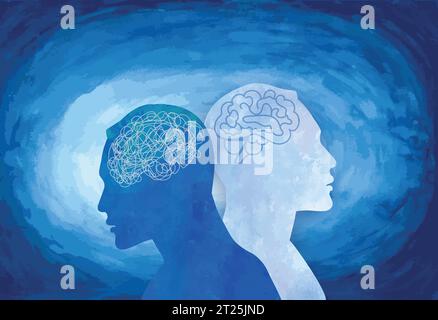 Metaphor bipolar disorder mind mental. Double face with tangle and untangle brain. Split personality.Mood disorder. 2 Head silhouette.Psychology Stock Vector