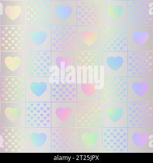 Heart seamless pattern. Repeating holographic texture. Repeated iridescent background for design girls prints. Repeat hologram hearts printed Stock Vector