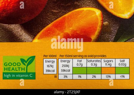 Nutritional information traffic lights system labelling colour coded label information on carton of Waitrose Orange juice with bits Stock Photo