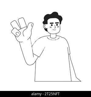 Muslim man showing victory sign monochromatic flat vector character Stock Vector