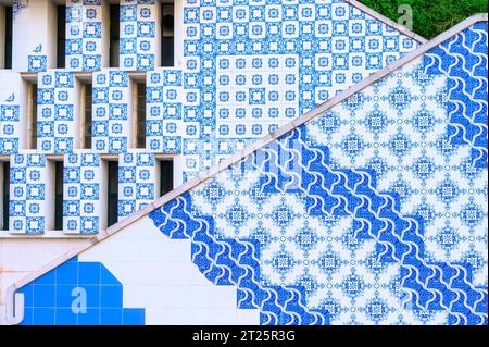 Lisbon, Portugal, blue pattern and mosaic made with blue and white tiles. The structure is a decoration of city steps or stairs Stock Photo