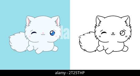 Clipart Persian Cat Multicolored and Black and White. Cute Clip Art Kitten. Stock Vector