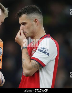 Granit Xhaka of Arsenal looks disappointed & dejected after the 3-0 loss against rivals Tottenham Hotspur. - Tottenham Hotspur v Arsenal, Premier League, Tottenham Hotspur Stadium, London, UK - 12th May 2022 Editorial Use Only - DataCo restrictions apply Stock Photo
