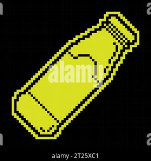 Pixel silhouette icon, plastic or glass bottle for liquid drinks. Bottle with cap. Simple black and yellow vector isolated Stock Vector