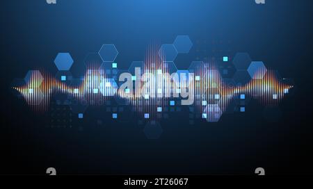 Sound wave with glowing hexagones. Dynamic vibration wallpaper. Frequency pulse modulation vector illustration. Stock Vector
