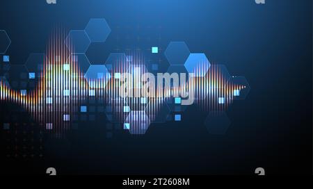 Sound wave with glowing hexagones. Dynamic vibration wallpaper. Frequency pulse modulation vector illustration. Stock Vector