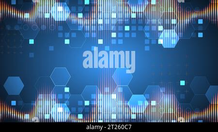 Sound wave with glowing hexagones. Dynamic vibration wallpaper. Frequency pulse modulation vector illustration. Stock Vector