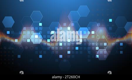 Sound wave with glowing hexagones. Dynamic vibration wallpaper. Frequency pulse modulation vector illustration. Stock Vector