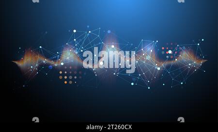 Sound wave with plexus effect. Dynamic vibration wallpaper. Frequency pulse modulation vector illustration. Stock Vector