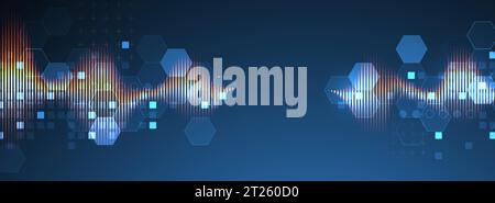 Sound wave with glowing hexagones. Dynamic vibration wallpaper. Frequency pulse modulation vector illustration. Stock Vector