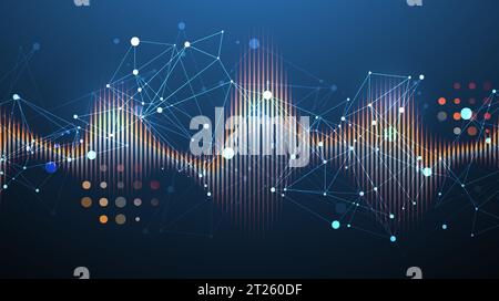 Sound wave with plexus effect. Dynamic vibration wallpaper. Frequency pulse modulation vector illustration. Stock Vector
