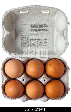 St Ewe free range eggs Grand rather large Westcountry free range eggs 6 extra large eggs isolated on white background - lid of eggbox egg box opened Stock Photo