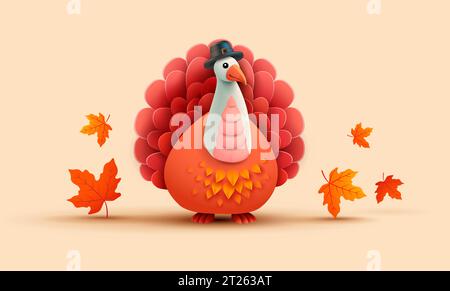 Thanksgiving day turkey background - 3d cute thanksgiving turkey in pilgrim hat and orange autumn leaves - horizontal vector illustration for banner, Stock Vector