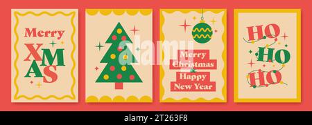 Merry Christmas and Happy New Year posters in retro groovy 1970s style. Xmas holiday covers. Vector illustration Stock Vector