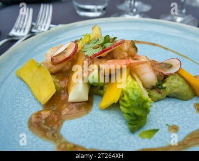 A la carte lunch, prawns and avocado salad on the Bateaux Parisiens on seine river Stock Photo