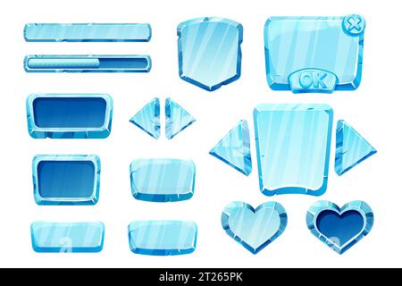 Set game menu assets ice buttons, interface elements 2d in cartoon style isolated. Blocks, shapes frozen gui panels, sliders, arrows. Vector illustration Stock Vector