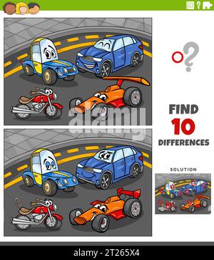 Cartoon illustration of finding the differences between pictures educational activity with vehicle characters Stock Vector