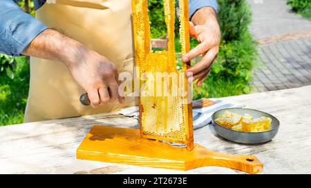 A man cutting honeycomb outdoors in summer. Organic honey production in the country. The beekeeper holds a frame with honeycombs and cuts honey from t Stock Photo