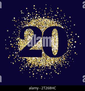 Creative number 20 with glittering golden background. Happy 20th anniversary icon concept. Up to 20 percent off discount, sale coupon. Shopping or gif Stock Vector