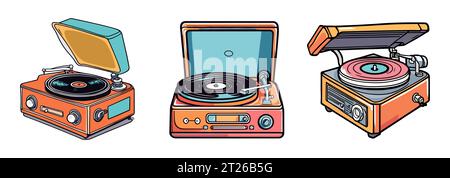 Set of Vintage record players vector isolated. Stock Vector