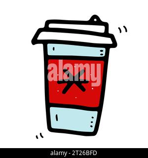 Doodle winter coffee to go cup. Cute hot beverage on white background. Red tea, latte, cappuccino, americano, takeaway mug with snowflake, lid. Vector Stock Vector