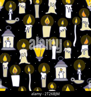Doodle burning floating candles seamless pattern. Hand-drawn candlestick, lamp on dark sky background. Holiday, Christmas, church, Halloween dripping Stock Vector
