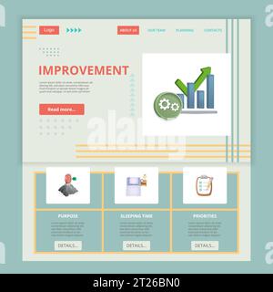 Improvement flat landing page website template. Purpose, sleeping time, priorities. Web banner with header, content and footer. Vector illustration. Stock Vector