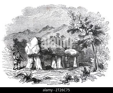 Cromlech at Plas Newydd, Anglesey. Burial Chamber; Black and White Illustration from the 'Old England' published by James Sangster in 1860. Stock Photo