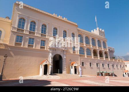 Front facade Prince's Palace, seen from Place du Palais. Monaco. Antoine Grigho's Baroque entrance (centre) to the palace designed for Louis I. (135) Stock Photo