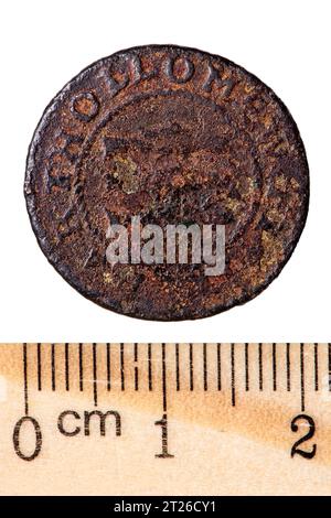 Ancient Copper English coin halfpenny. Obverse. Isolated on white Stock Photo