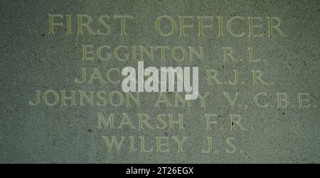 Amy Johnson's name inscribed in the Air Forces Memorial above Runnymede Stock Photo