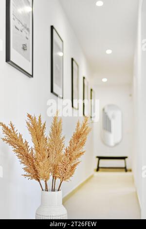 Empty domestic hallway illuminated by ceiling led lights, hanging frames with paintings and mirror. New house, renovation Stock Photo