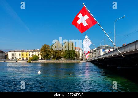 Panoramic view of the city of Geneva and the bridge over Rhone river, Canton of Geneva, Switzerland. It is located at shores of Lake Geneva at the poi Stock Photo