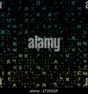 Abstract matrix background. Random letters of the Tibetan alphabet. Gradient matrix pattern. Blue, green, and yellow color theme backgrounds. Stock Vector