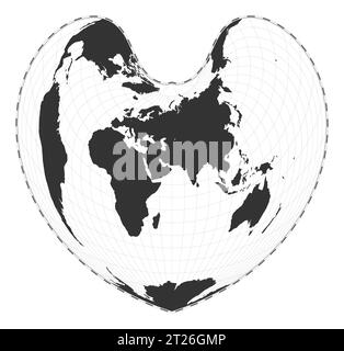 Vector world map. Bonne pseudoconical equal-area projection. Plain world geographical map with latitude and longitude lines. Centered to 60deg W longi Stock Vector