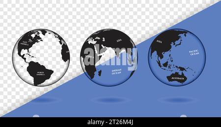 Earth map set of transparent globe, realistic texture and shadow vector illustration Stock Vector