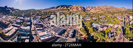 Wide panorama of Golden Colorado from drone - Colorado School of Mines - Downtown Golden Stock Photo