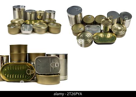 Mix of cans isolated on white background. Copy space. Stock Photo