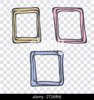 Comic frames, border, checkered background Set. Hand drawn ink blob brush doodle line strokes and fills, pastel colourful palette. Freehand square Stock Vector