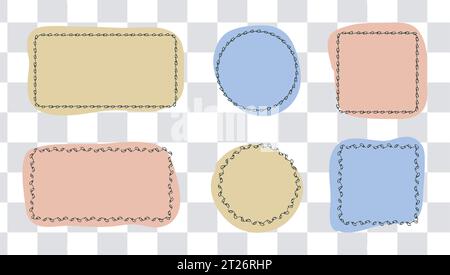 Frames, border and checkered seamless pattern Set. Hand drawn ink paint brush doodle line strokes and fills, colourful palette. Circle, square Stock Vector
