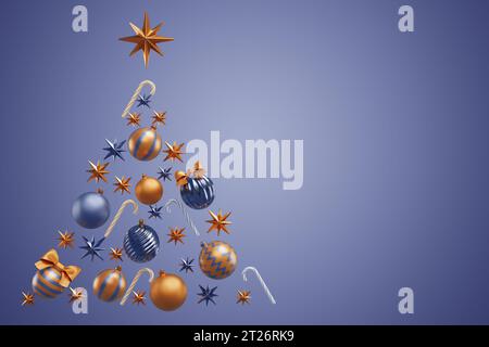 Christmas tree shape made from decorations baubles star candy canes. 3D rendering Stock Photo