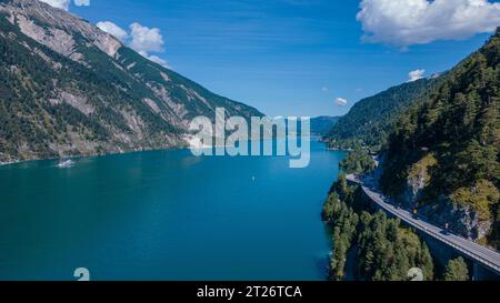 Aerial view of the beautiful Achen Lake in Tyrol, Austria. Photography of the lake was shoot from a drone at a higher altitude. Stock Photo