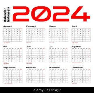 Indonesian Calendar 2024 template vector, simple minimal design, Planner 2024 year, kalender indonesia 2024 year, Week Starts sunday, Set of 12 month Stock Vector