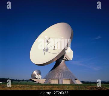 Germany. Bavaria. Raisting satellite earth station. Parabolic antenna communication dish. Stock Photo