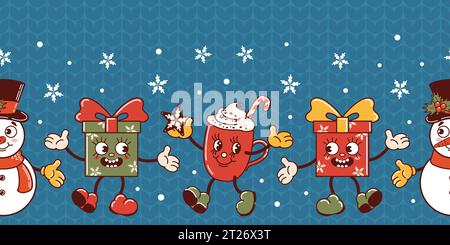 Snowman, Christmas gift, hot chocolate mug, candy cane. Cute old retro cartoon style characters dancing. Horizontal seamless border. Knitted ugly swea Stock Vector