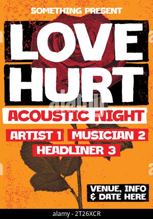 Love acoustic music poster, concert poster design, valentine music show template, band music show design, concert flyer vector Stock Vector