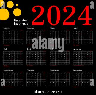Indonesian Calendar 2024 template vector, simple minimal design, Planner 2024 year, kalender indonesia 2024 year, Week Starts sunday, Set of 12 month Stock Vector